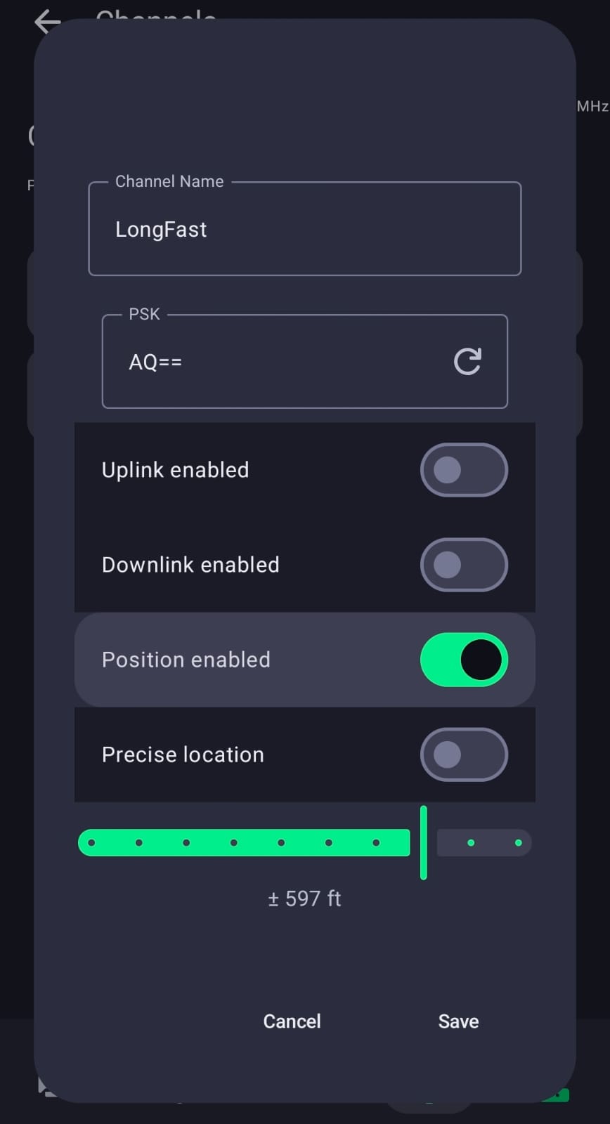 Diálogo de edición del canal LongFast con Position enabled activado, Precise location desactivado y el deslizador de precisión mostrando más menos 597 pies