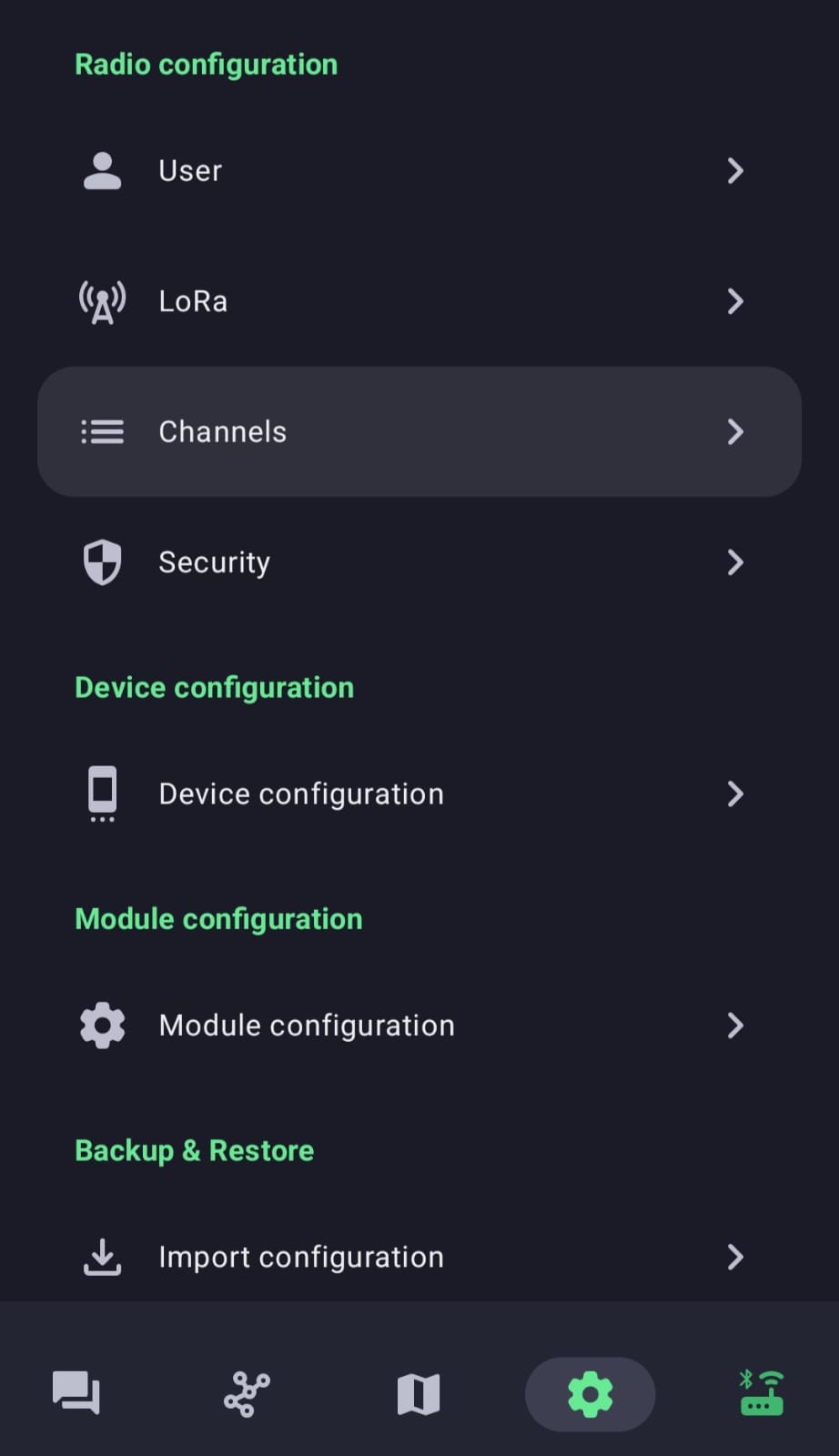 Menú de configuración con la opción Channels resaltada bajo Radio configuration