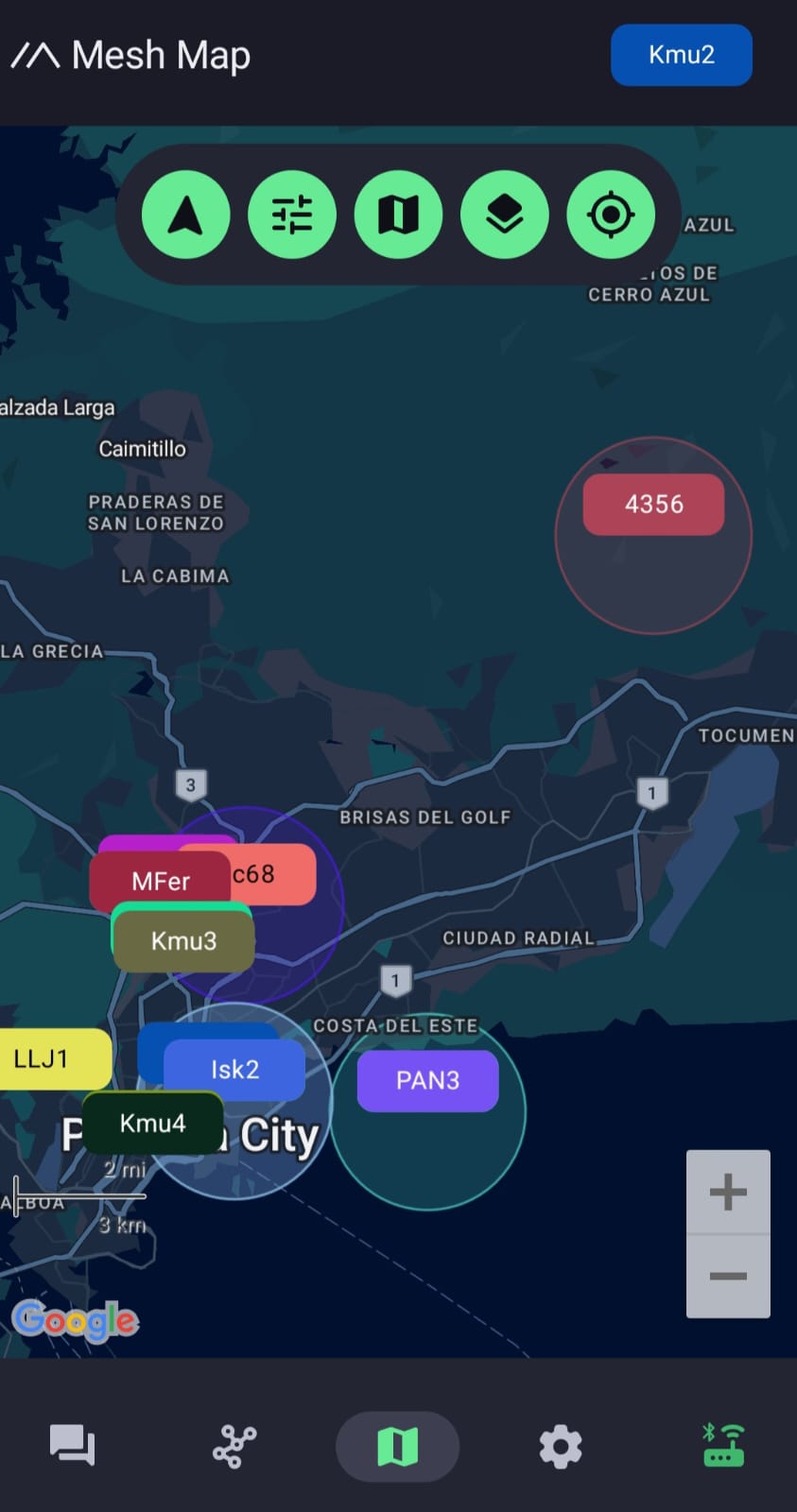 Mesh Map de la app Meshtastic: el nodo 4356 sobre Cerro Azul, al noreste, enlazado con los nodos de la ciudad (Kmu3, Kmu4, Isk2, PAN3, MFer) a 21.4 km de distancia