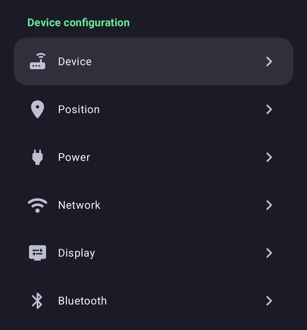 Submenú Device configuration mostrando Device, Position, Power, Network, Display y Bluetooth