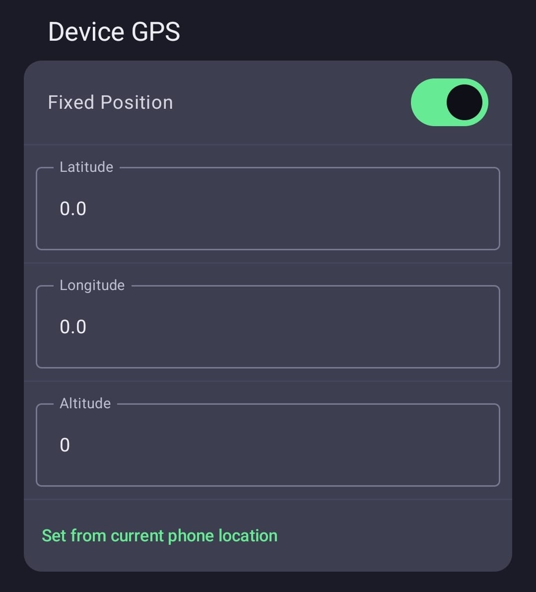 Pantalla Device GPS con el interruptor Fixed Position activado y los campos Latitude, Longitude y Altitude