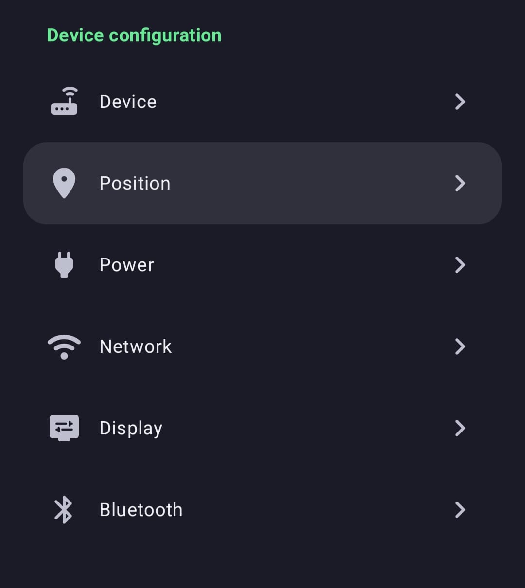 Submenú Device configuration con la opción Position resaltada